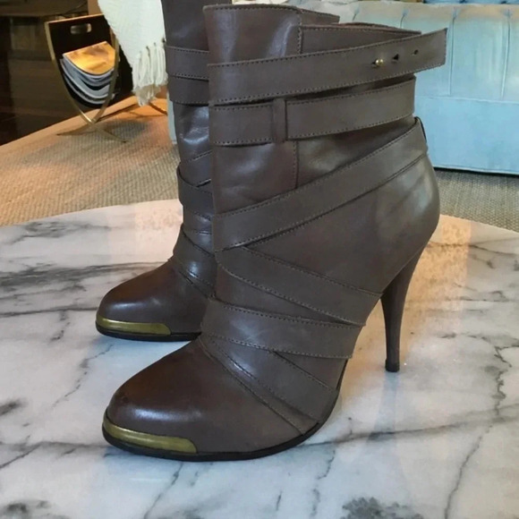 Joie santo crisscross leather bootie gold Cap toe wrap straps chocolate taupe - Picture 3 of 14